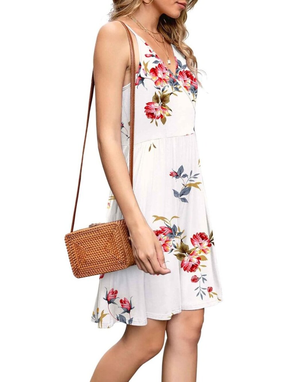 Women's Floral White Neck Spaghetti Strap Sundress Casual Beach Mini Dress - Picture 2 of 5